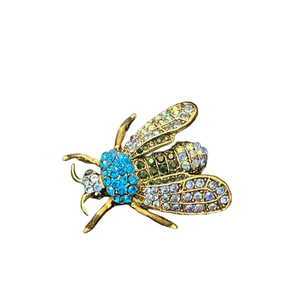 Stunning Multicolour Blue  Crystal Bee Brooch Pin - Gold Tone